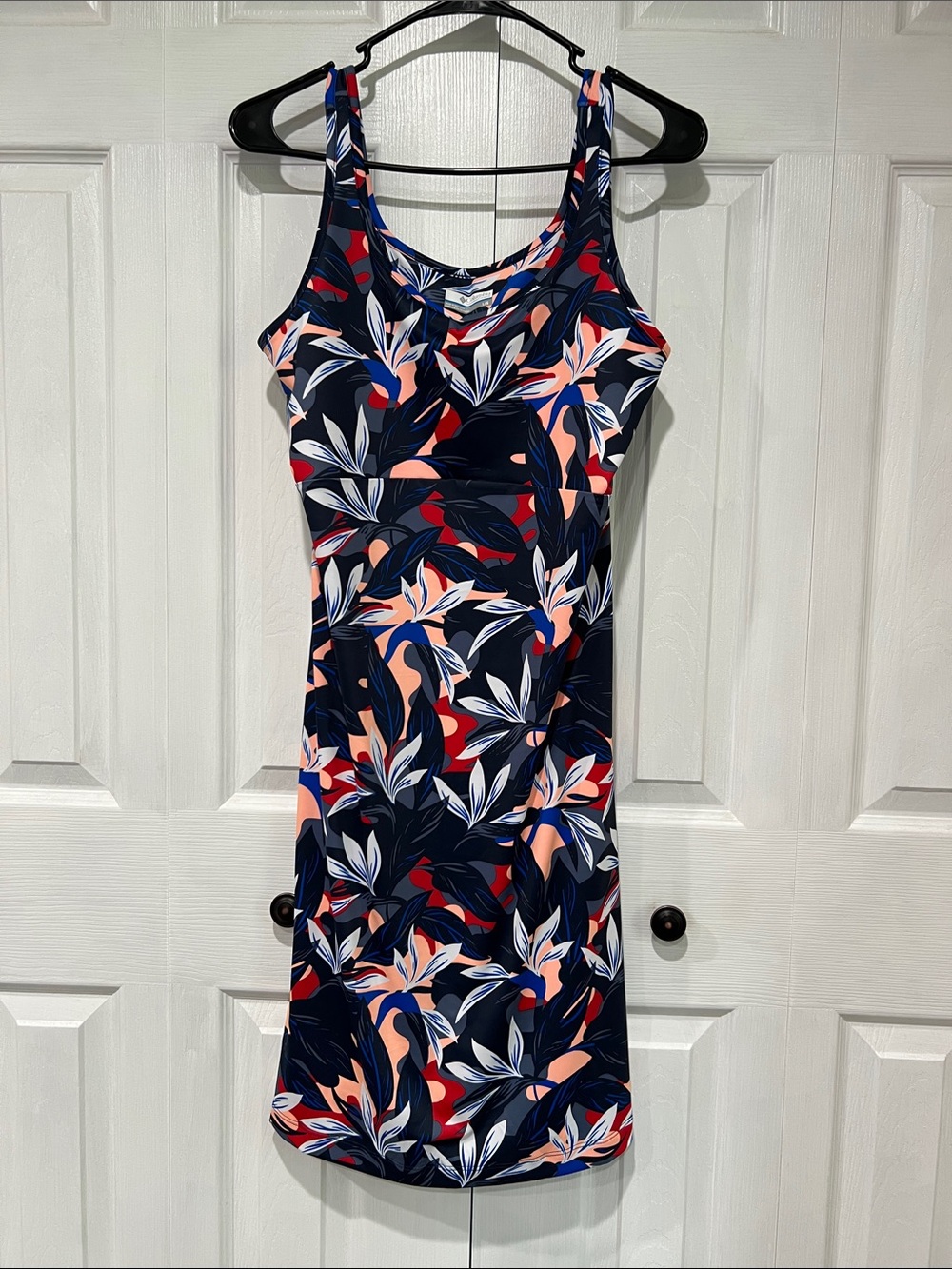 Columbia Navy Floral Midi Dress with Coral and Red Accents